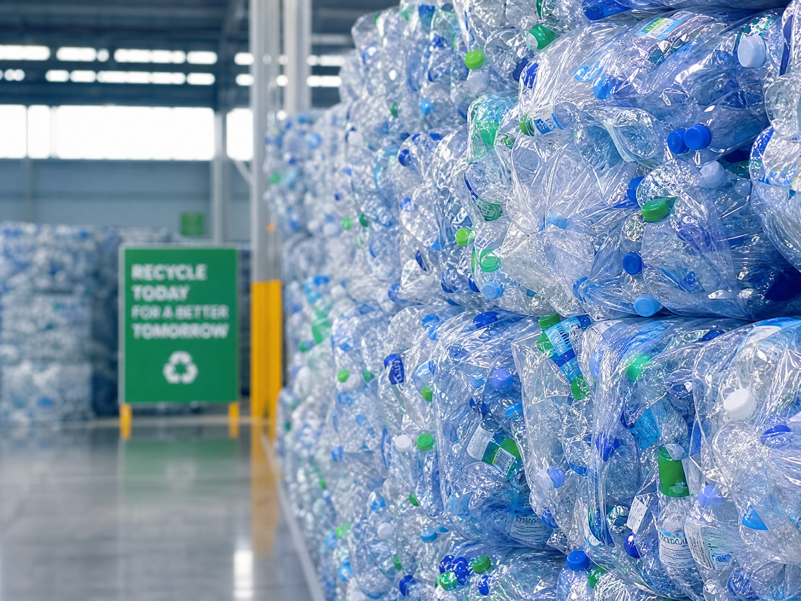 Recycled PET bottles collected for RPSF production at GreenFibre facility