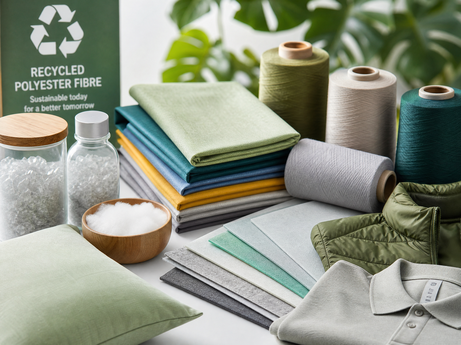 Textile fabrics and yarns made from recycled polyester staple fibre RPSF